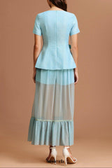 ursula blue Short Sleeves Flowers Folds Top And Skirt Two-Piece Set