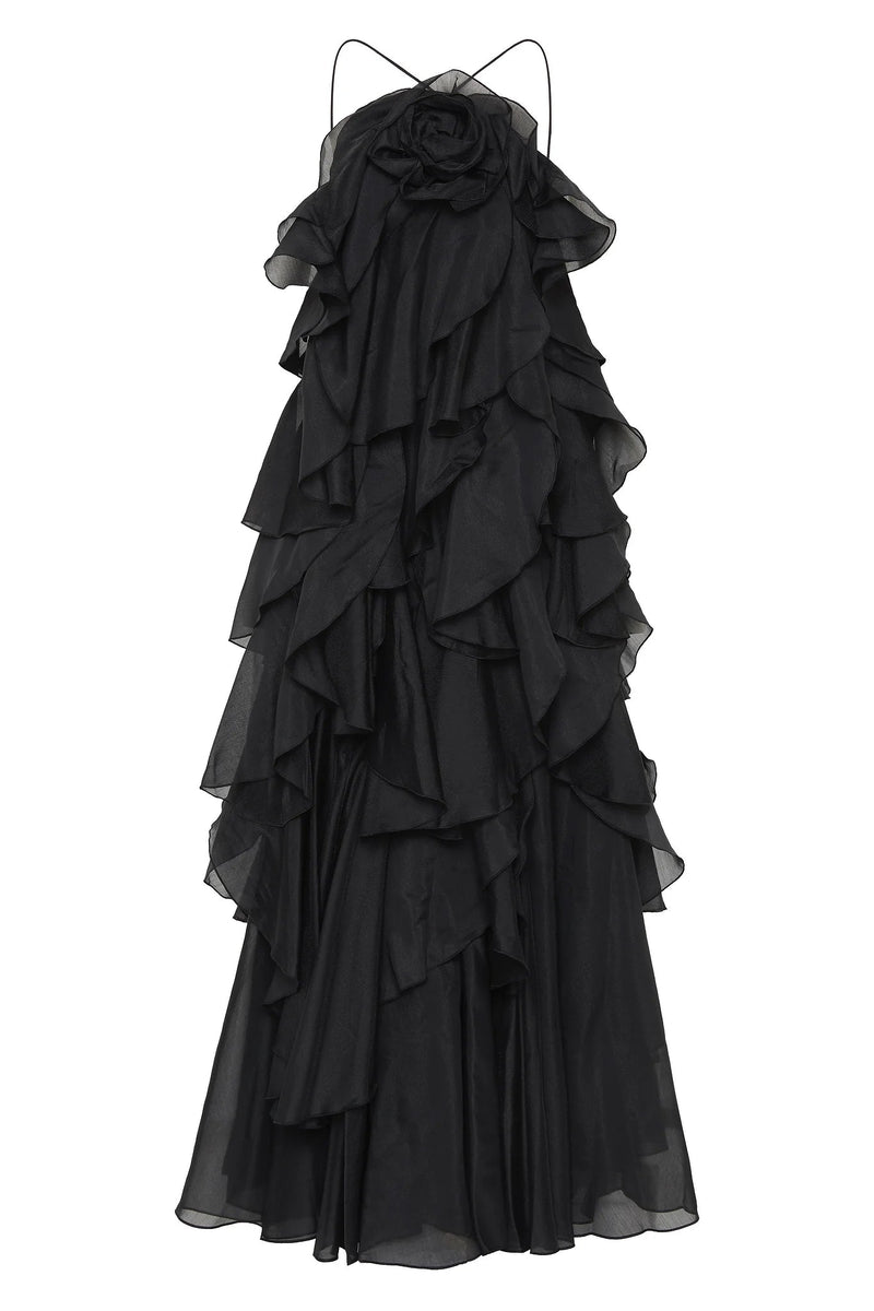Off-Shoulder Ruffle Layered Maxi Dress In Black