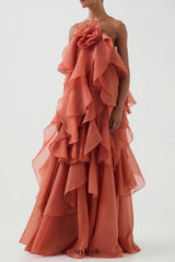 Off-Shoulder Ruffle Layered Maxi Dress In Coral Clay