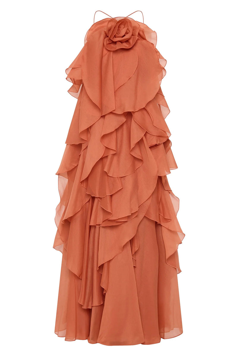 Off-Shoulder Ruffle Layered Maxi Dress In Coral Clay