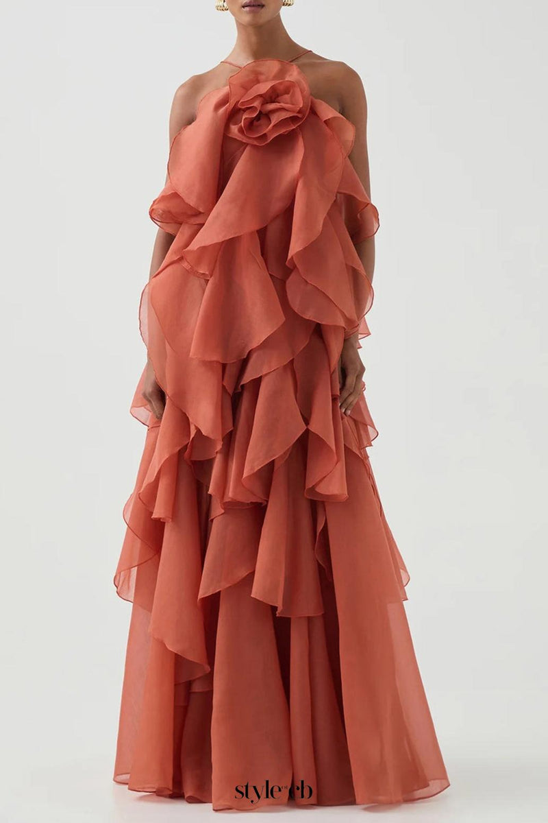 Off-Shoulder Ruffle Layered Maxi Dress In Coral Clay