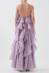 off-shoulder ruffle Layered Maxi Dress in purple