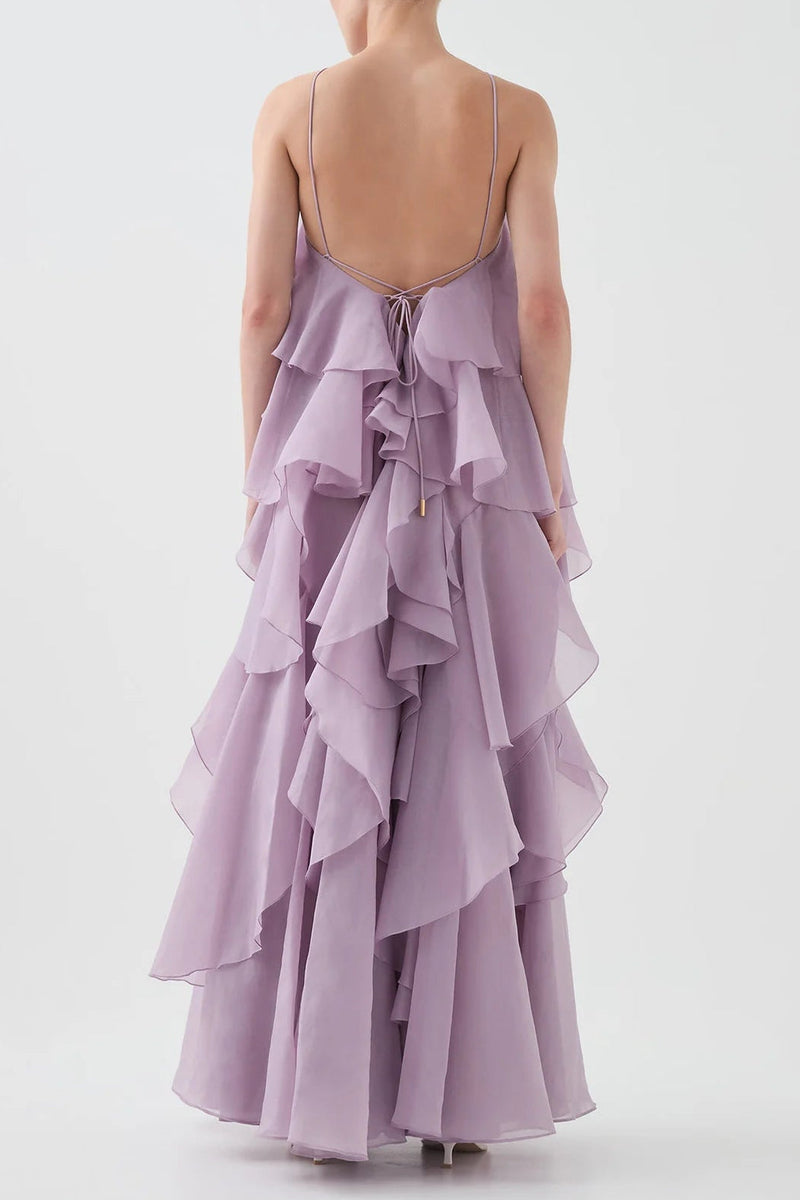 off-shoulder ruffle Layered Maxi Dress in purple