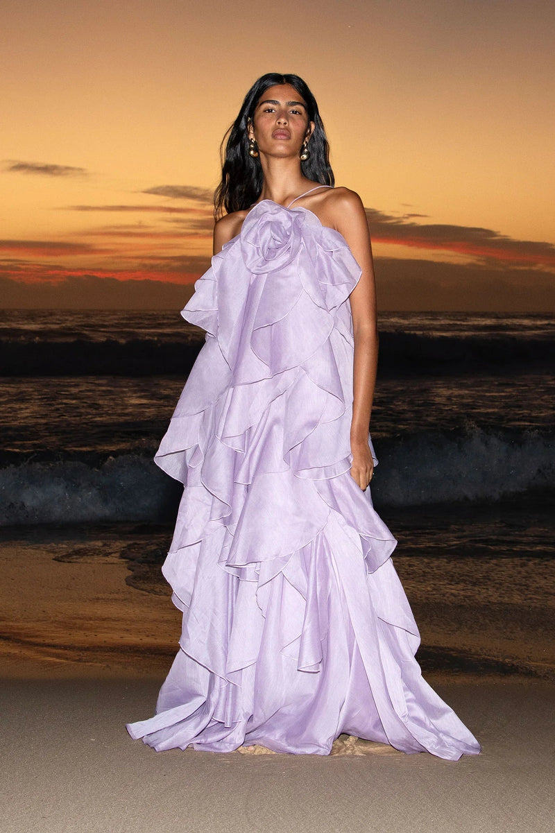 off-shoulder ruffle Layered Maxi Dress in purple