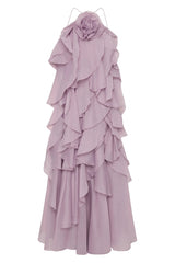 off-shoulder ruffle Layered Maxi Dress in purple