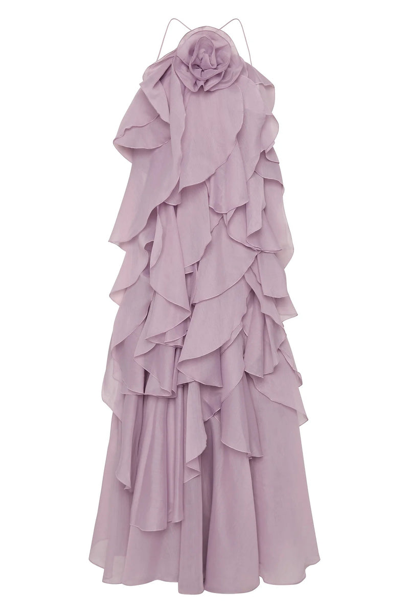 off-shoulder ruffle Layered Maxi Dress in purple