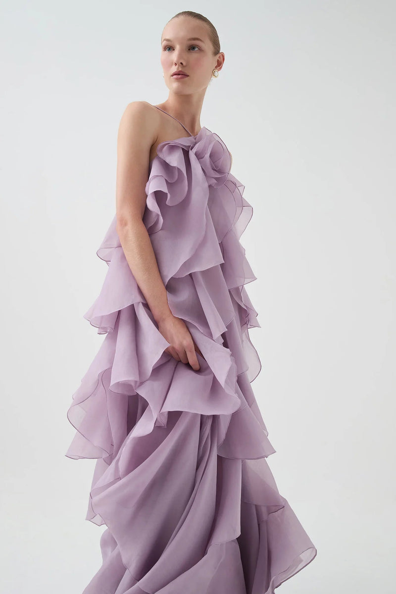 off-shoulder ruffle Layered Maxi Dress in purple
