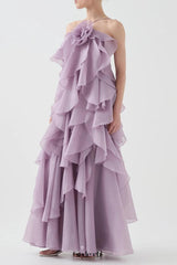 off-shoulder ruffle Layered Maxi Dress in purple