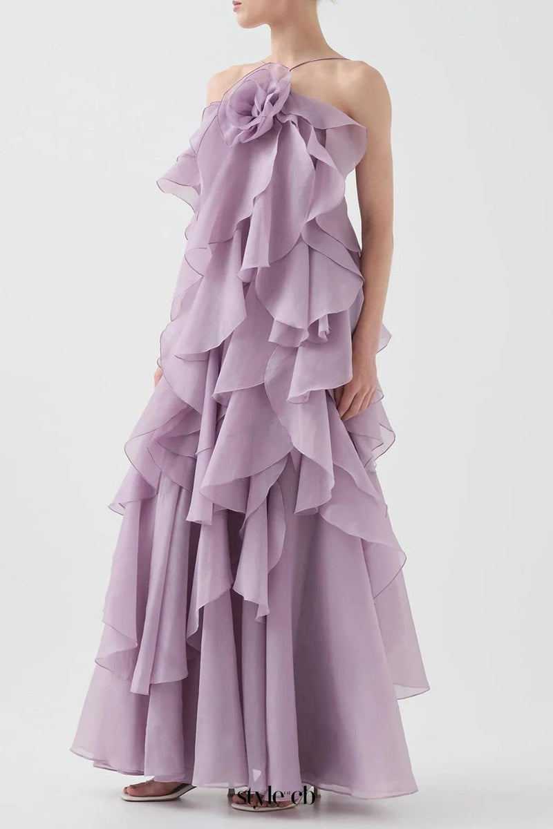 off-shoulder ruffle Layered Maxi Dress in purple