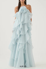 off-shoulder ruffle Layered Maxi Dress in blue