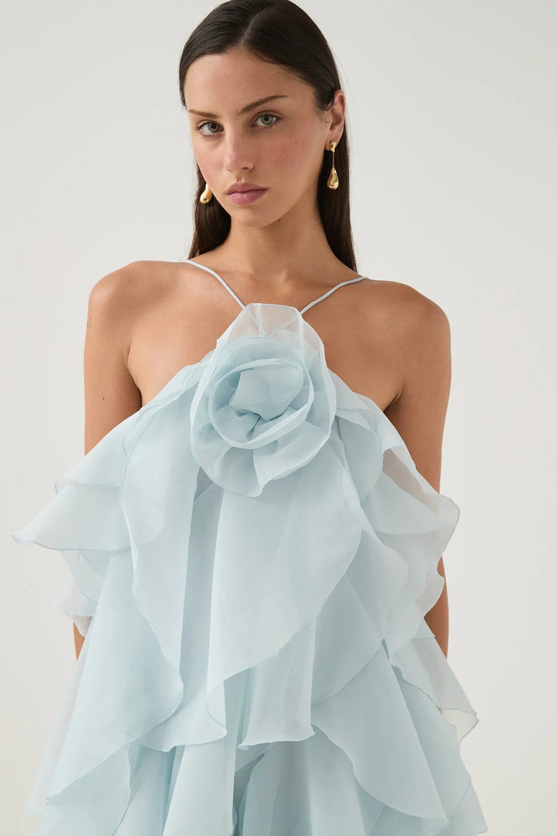 off-shoulder ruffle Layered Maxi Dress in blue