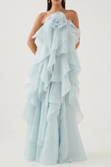 off-shoulder ruffle Layered Maxi Dress in blue