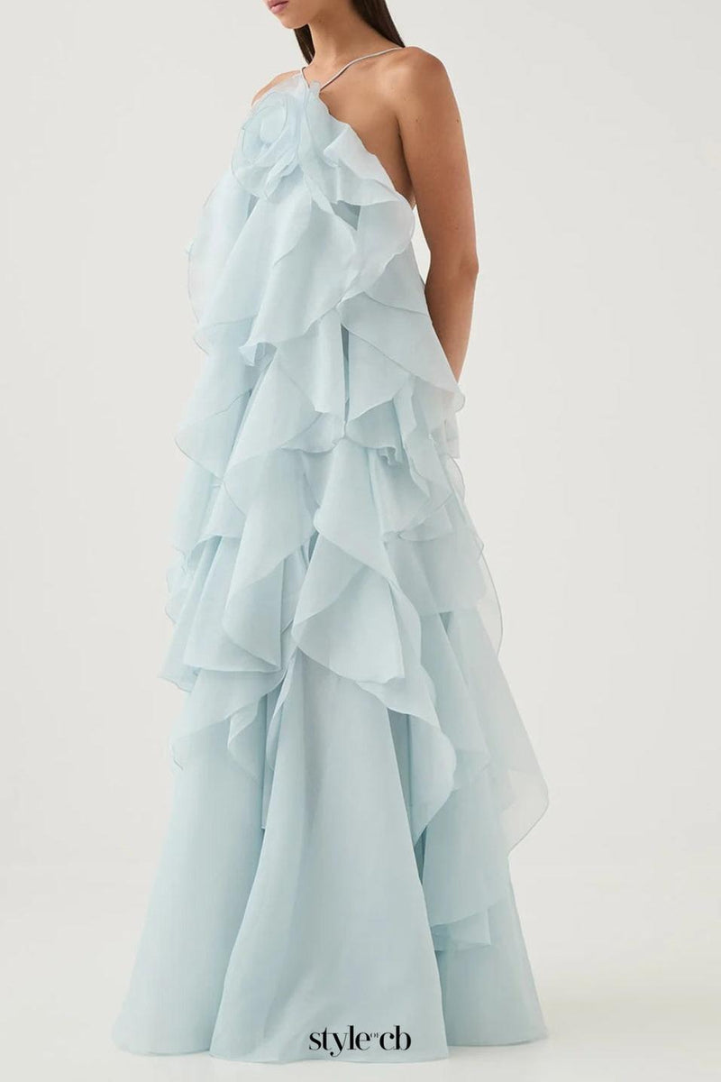 off-shoulder ruffle Layered Maxi Dress in blue