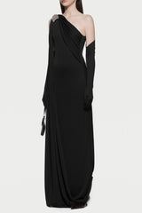 xaviera one-shoulder pleated backless maxi dress in black