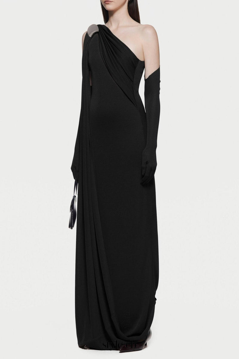 xaviera one-shoulder pleated backless maxi dress in black