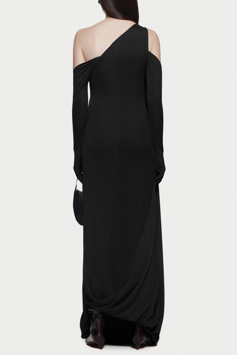 xaviera one-shoulder pleated backless maxi dress in black