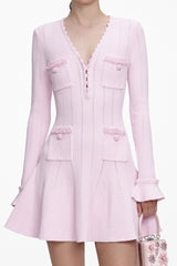xylia Pink Pearl Trim v-neck Knit Mini Dress