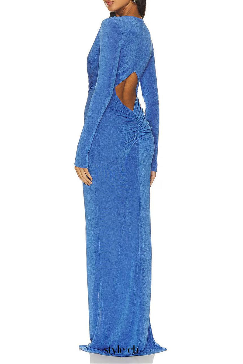 virginia blue pleated long sleeve high slit maxi dress
