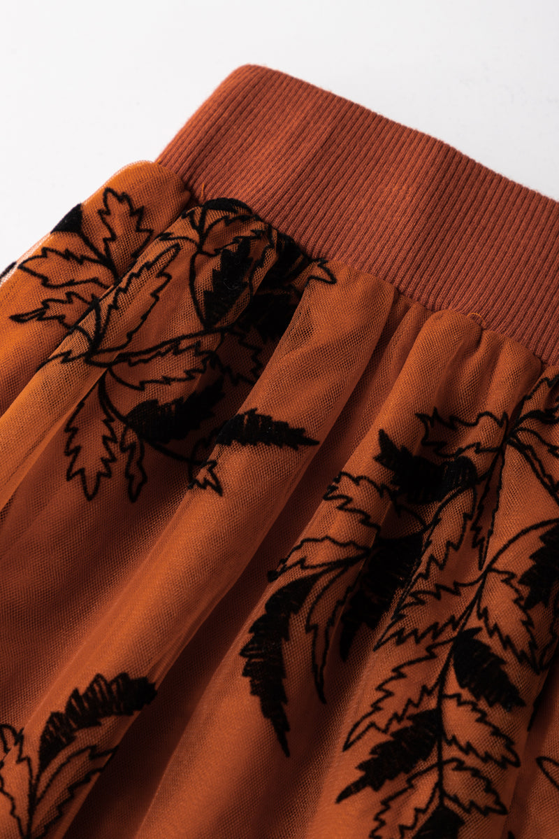 Apricot Floral Leaves Embroidered High Waist Maxi Skirt