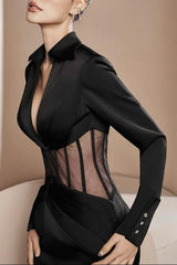 alyssa Deep V See-Through Fishbone Pleated Hip blazer mini dress in black