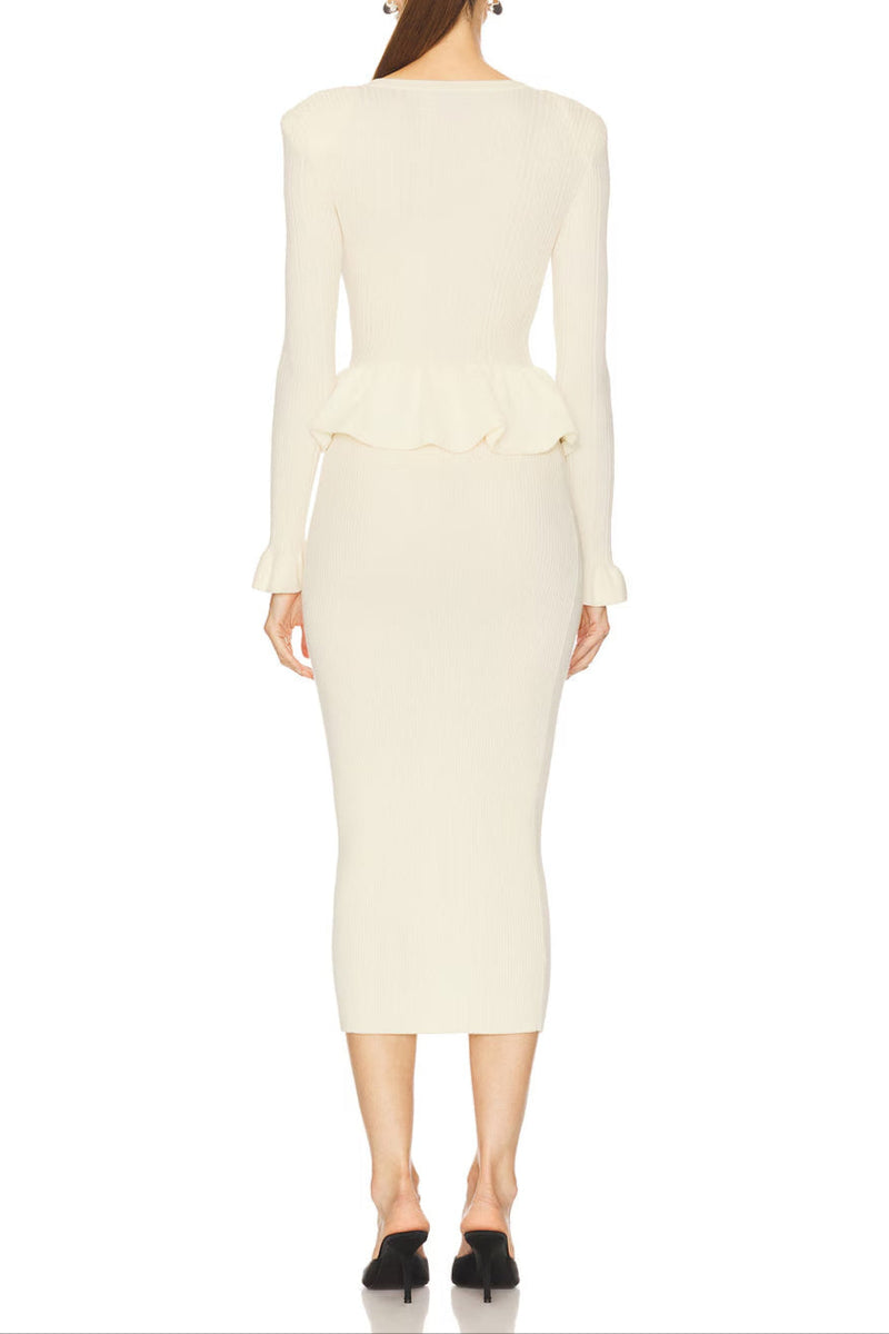 caroline Asymmetric Knit Midi Dress in beige