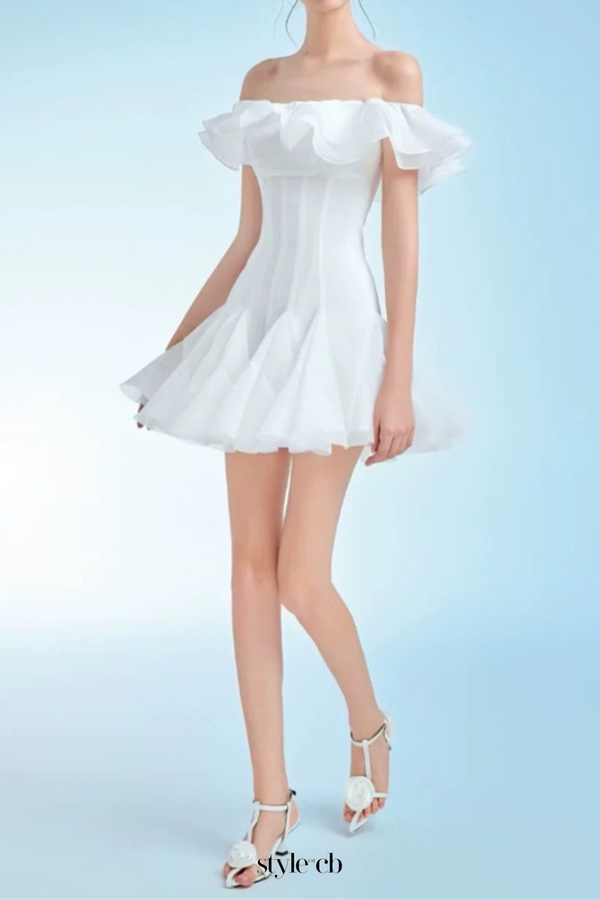 stephanie off-shoulder ruffle trim mini dress in white