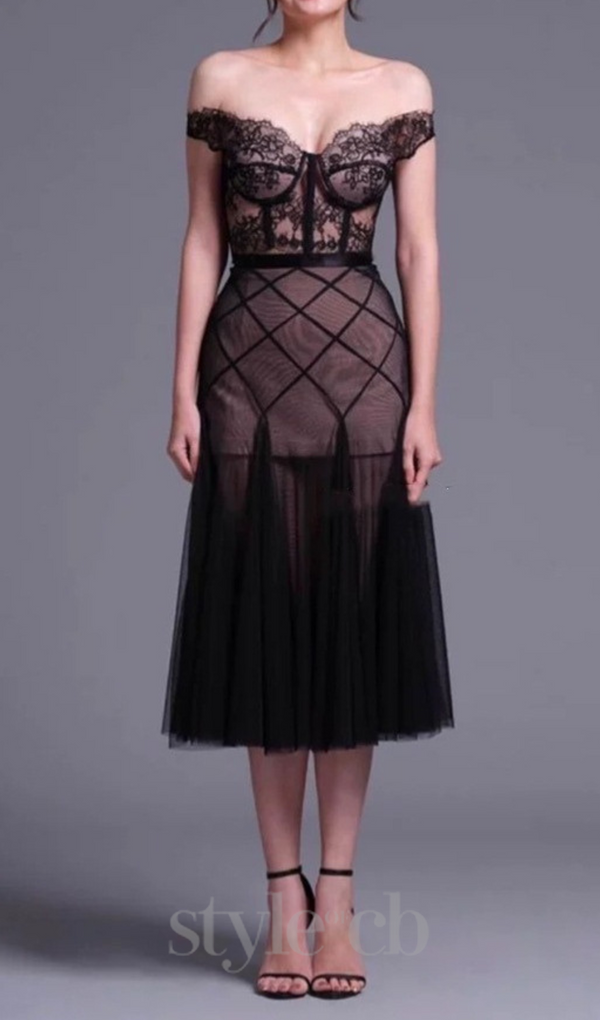 floral dentelle off-shoulder bustier corset net skirt set