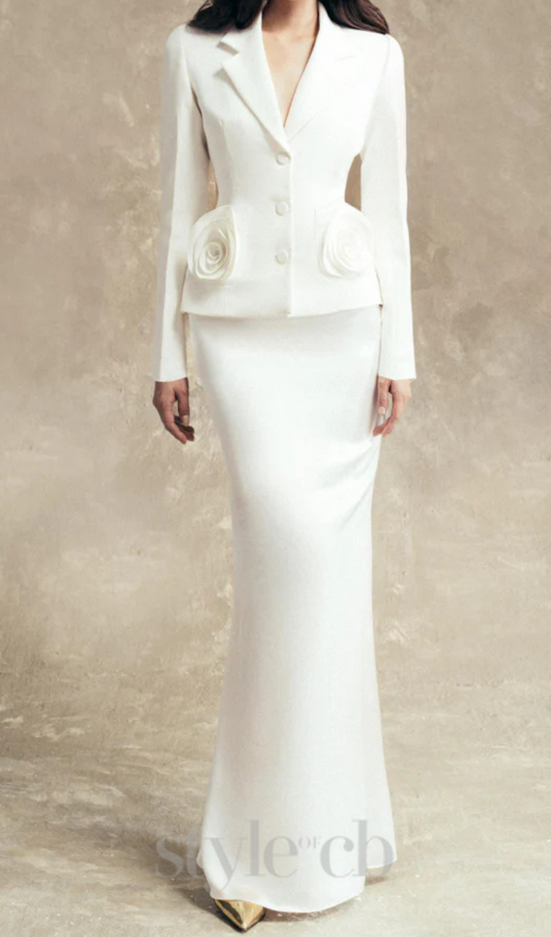 flower embellished jacket skirt set in white