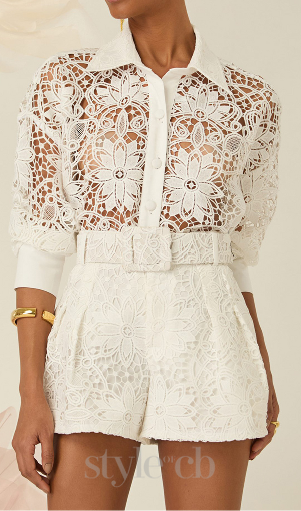hollow cut lace shirt shorts two pieces set in white