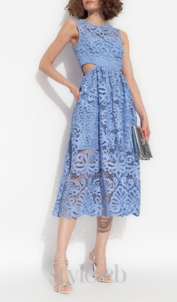 FANNY CUT-OUT LACE EMBROIDERY MIDI DRESS IN BLUE