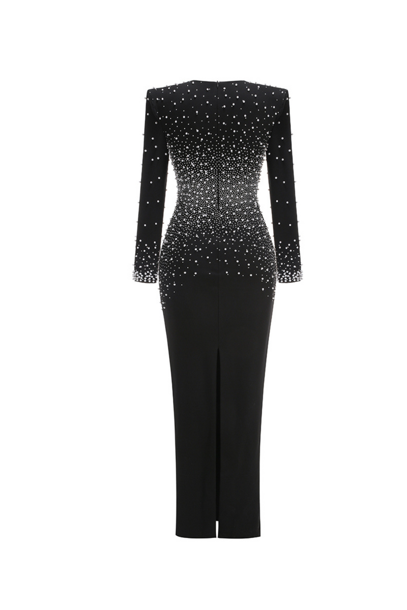 pearl embellished v-neck maxi dress in black