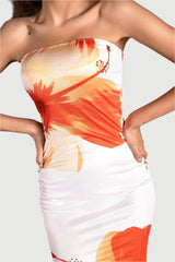 SARRIDES STRAPLESS PRINT MIDI DRESS