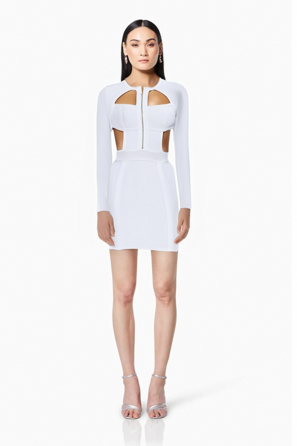 RACHEL WHITE HOLLOW BANDAGE BODYCON MINI DRESS
