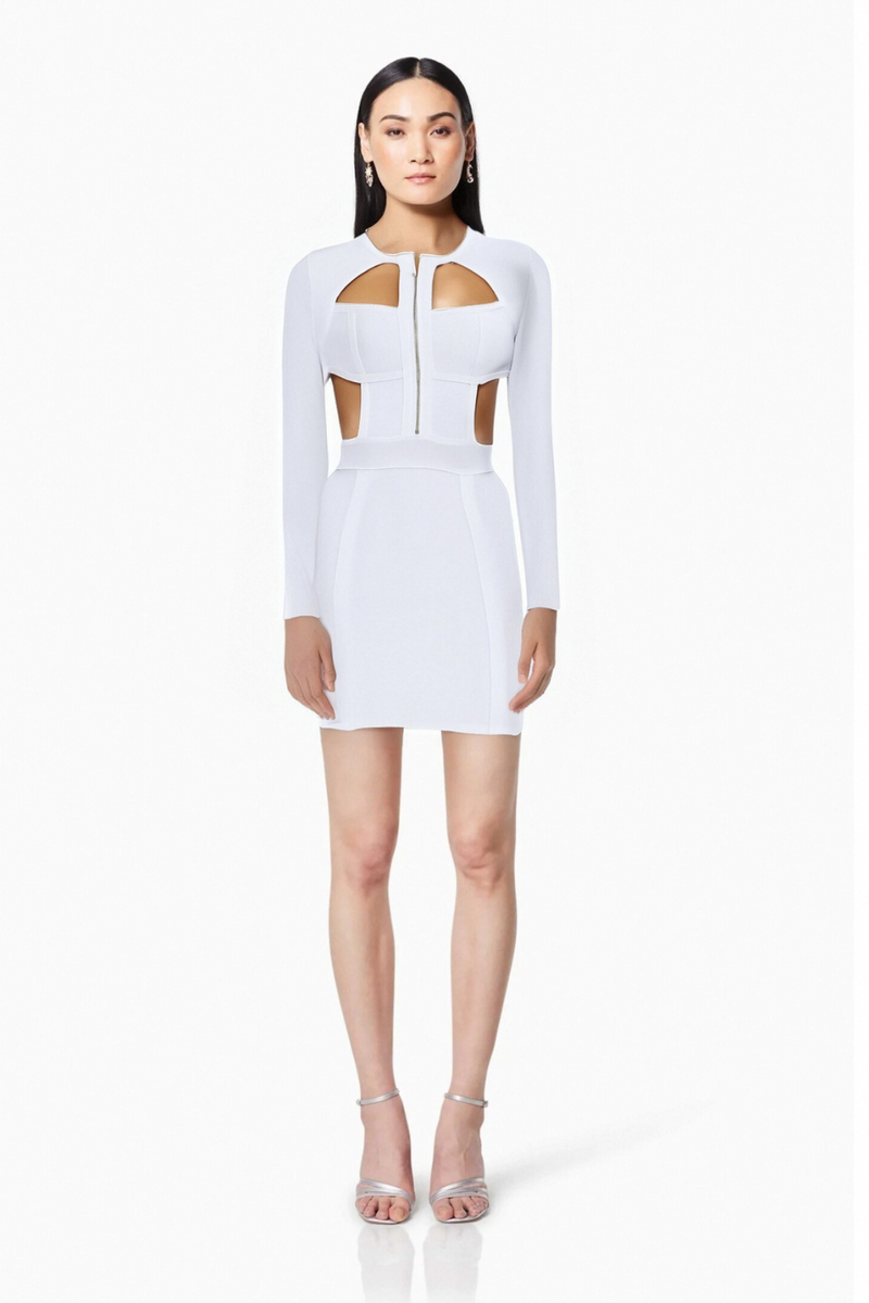 RACHEL WHITE HOLLOW BANDAGE BODYCON MINI DRESS