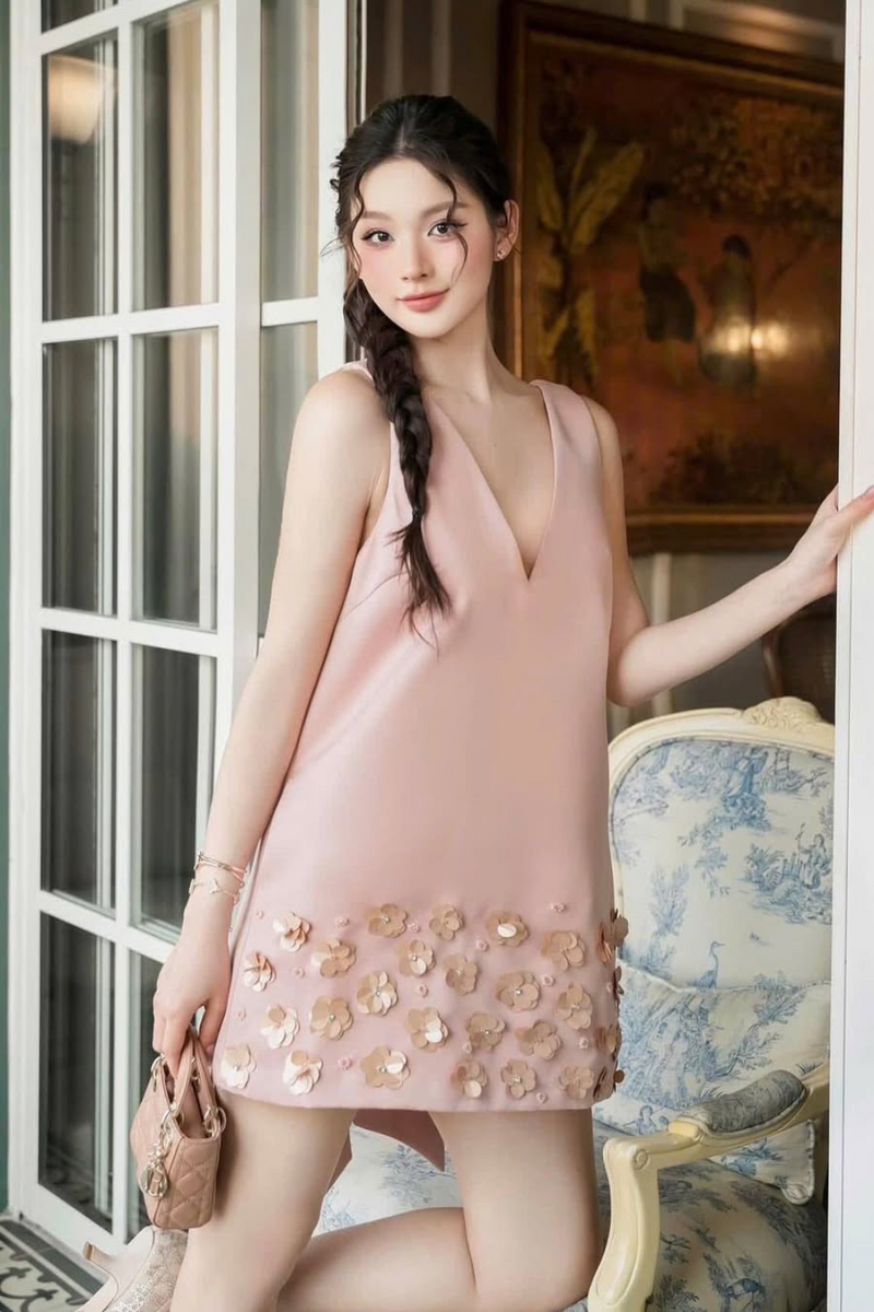 flower sleeveless v-neck mini dress in pink