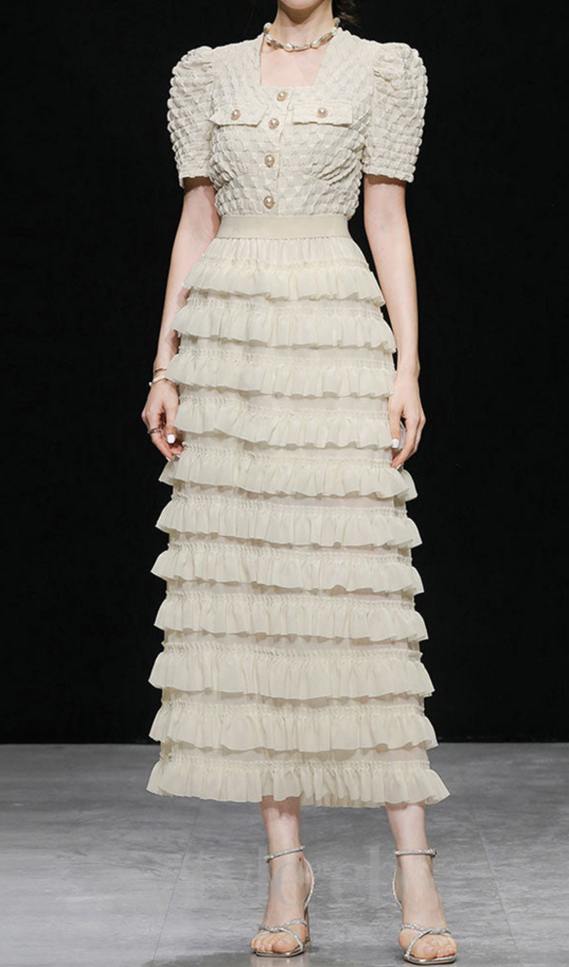 CHARLOTTE APRICOT PUFF SLEEVE RUFFLES CHIFFON MIDI DRESS