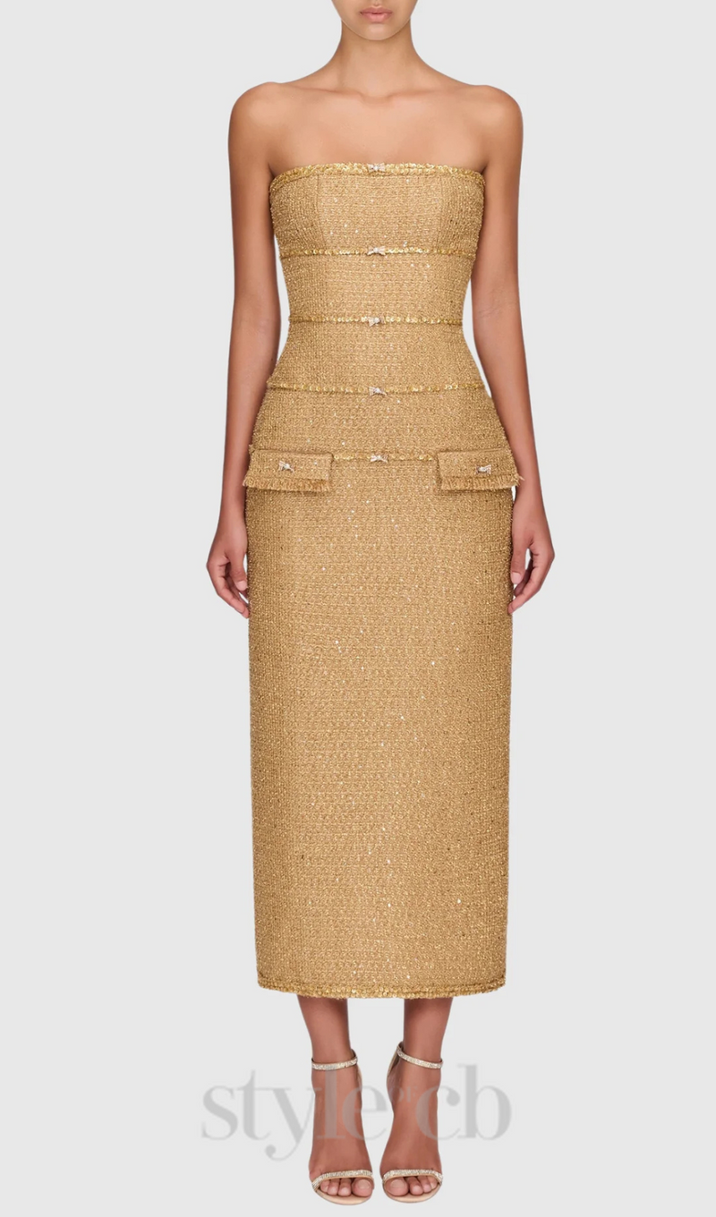 Elborno Gold Embellished Strapless Midi Dress