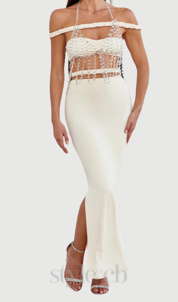 crystal chain embellished fishtail skirt set in apricot