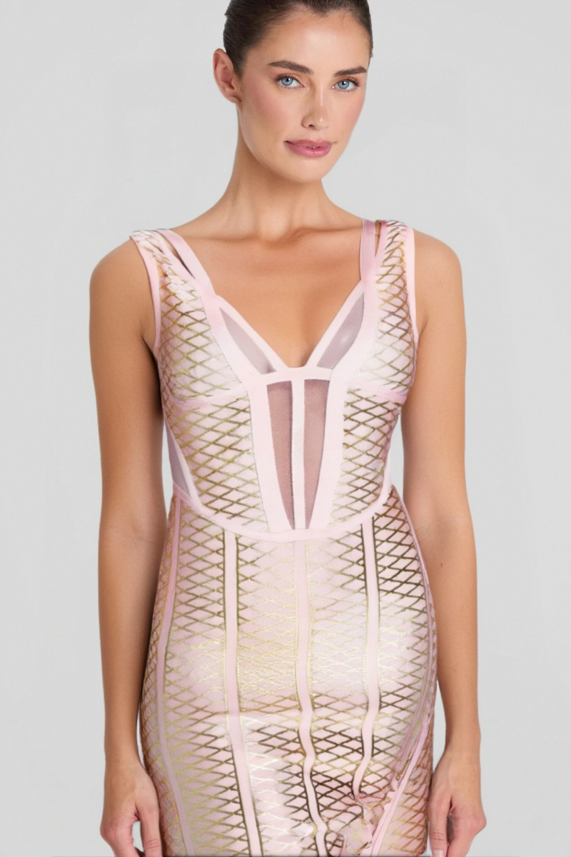 METALLIC BANDAGE MIDI DRESS IN APRICOT