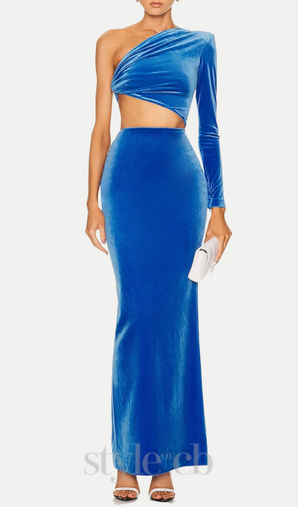 Gianni One Shoulder Velvet Cutout Maxi Dress