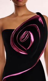 VELVET FLOWER SLIT MAXI DRESS IN BLACK