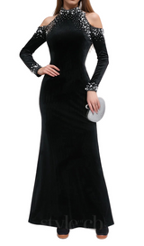 barbara sequin embellished long sleeve maxi dress in black