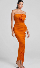 ORANGE OPEN BACK RUCHED FLOWER BODYCON MAXI DRESS