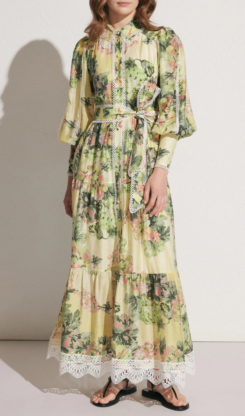 multicolor Floral Print Lace Trim Maxi Dress