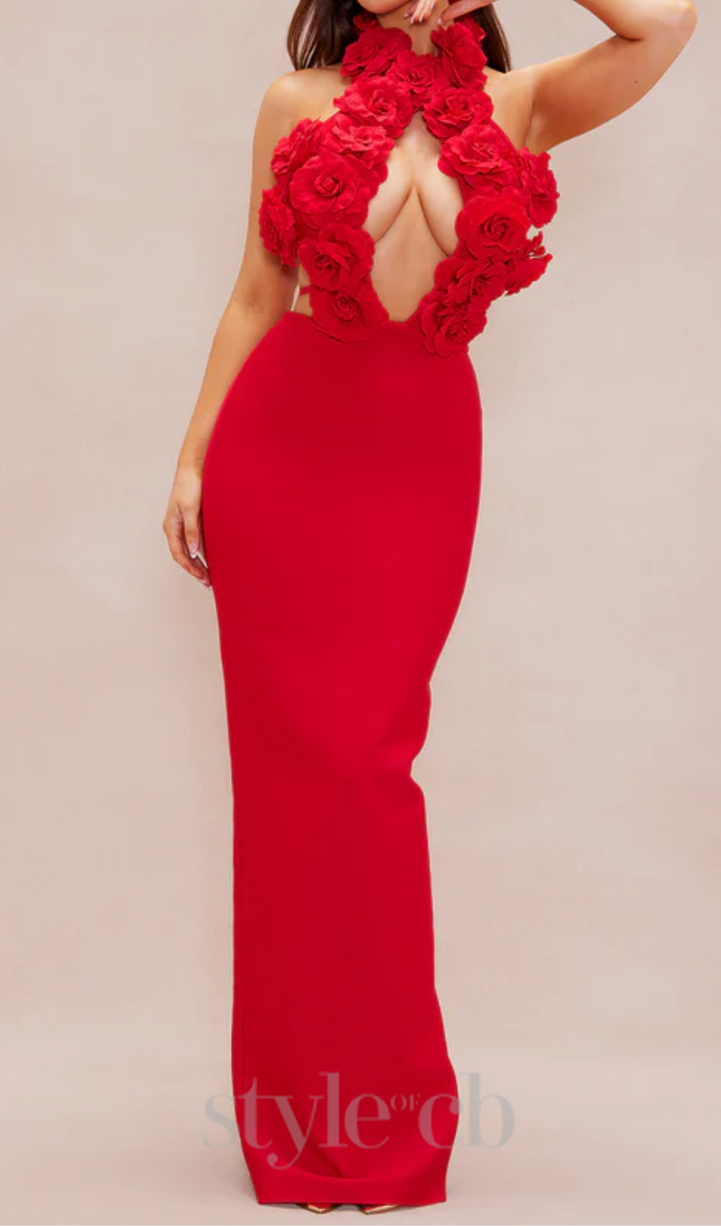halter 3d flower hollow out backless maxi dress in red