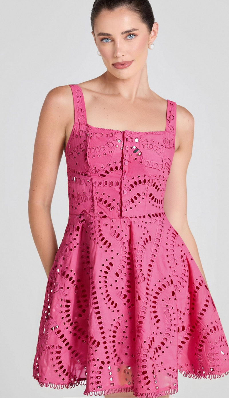 EMBROIDERED HOLLOW MINI DRESS IN HOT PINK