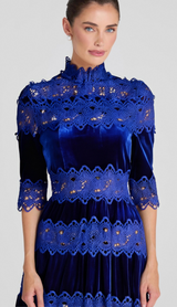 HOLLOW PATCHWORK VELVET DRESS IN BLUE