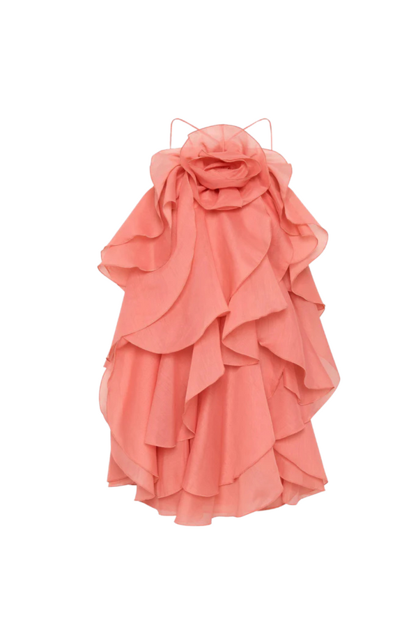 lorraine Halter Floral Ruffle Layered Mini Dress in Orange