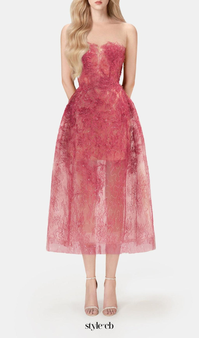 RED FLORAL LACE EMBROIDER MIDI DRESS