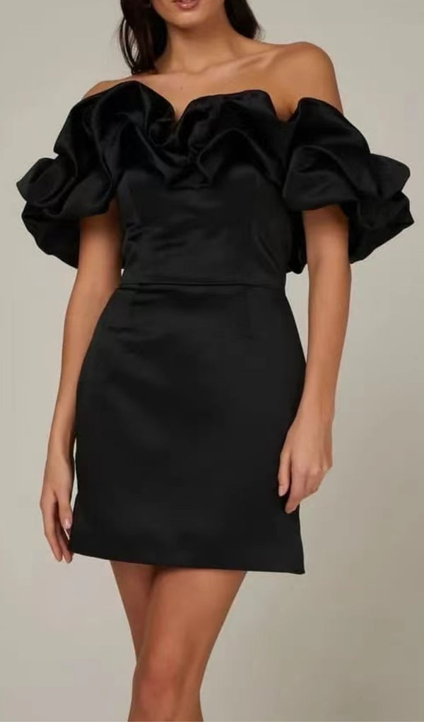 BLACK SATIN RUFFLE STRAPLESS DRESS
